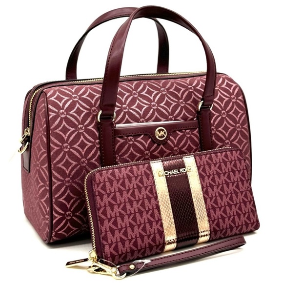 Michael Kors Medium Travel Duffle Satchel Bag & Continental Wallet Ox Blood - Picture 1 of 14